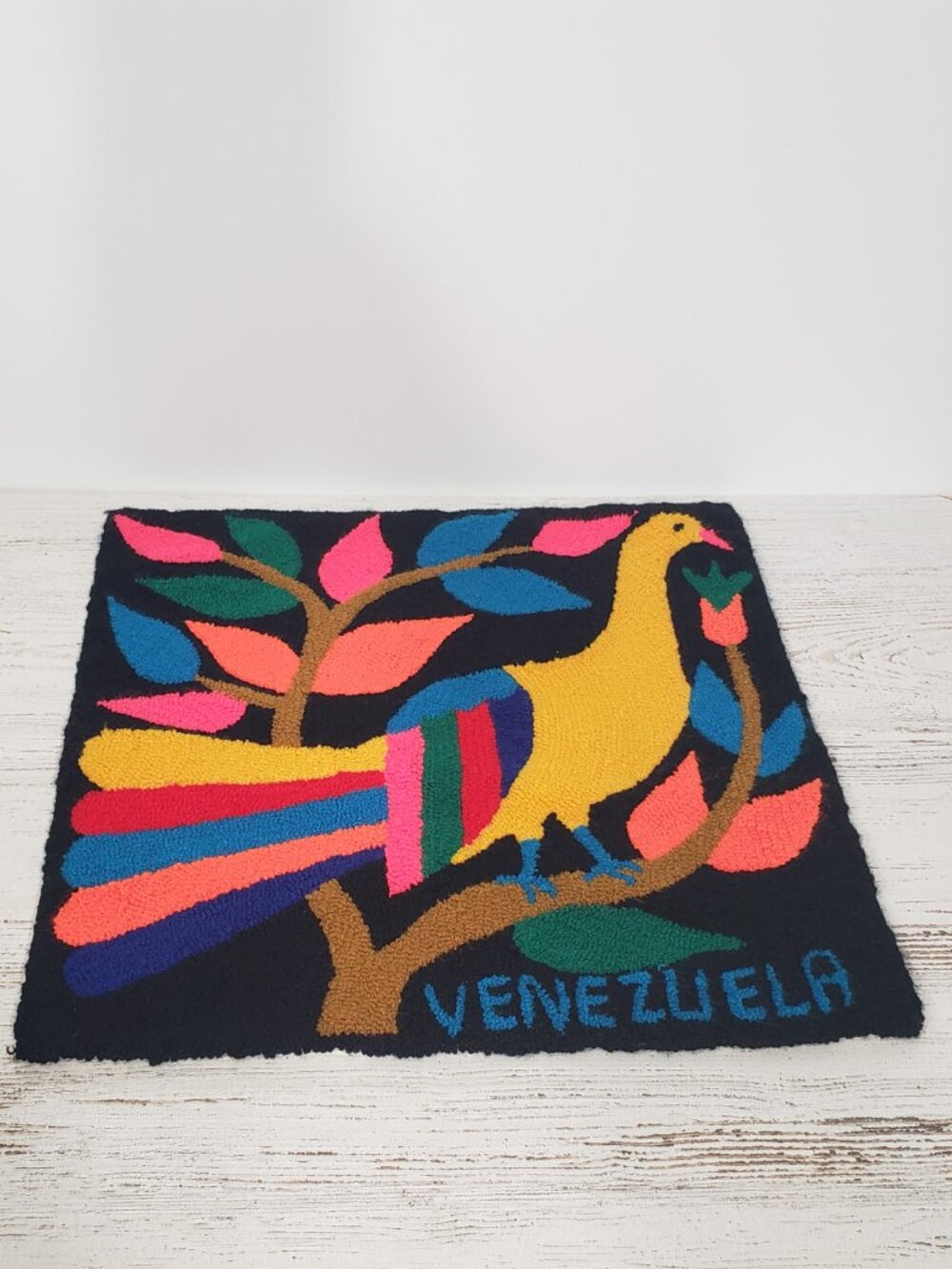 Venezuela Colorful Hooked Rug Wall hanging with bird in tree 15" X 15"